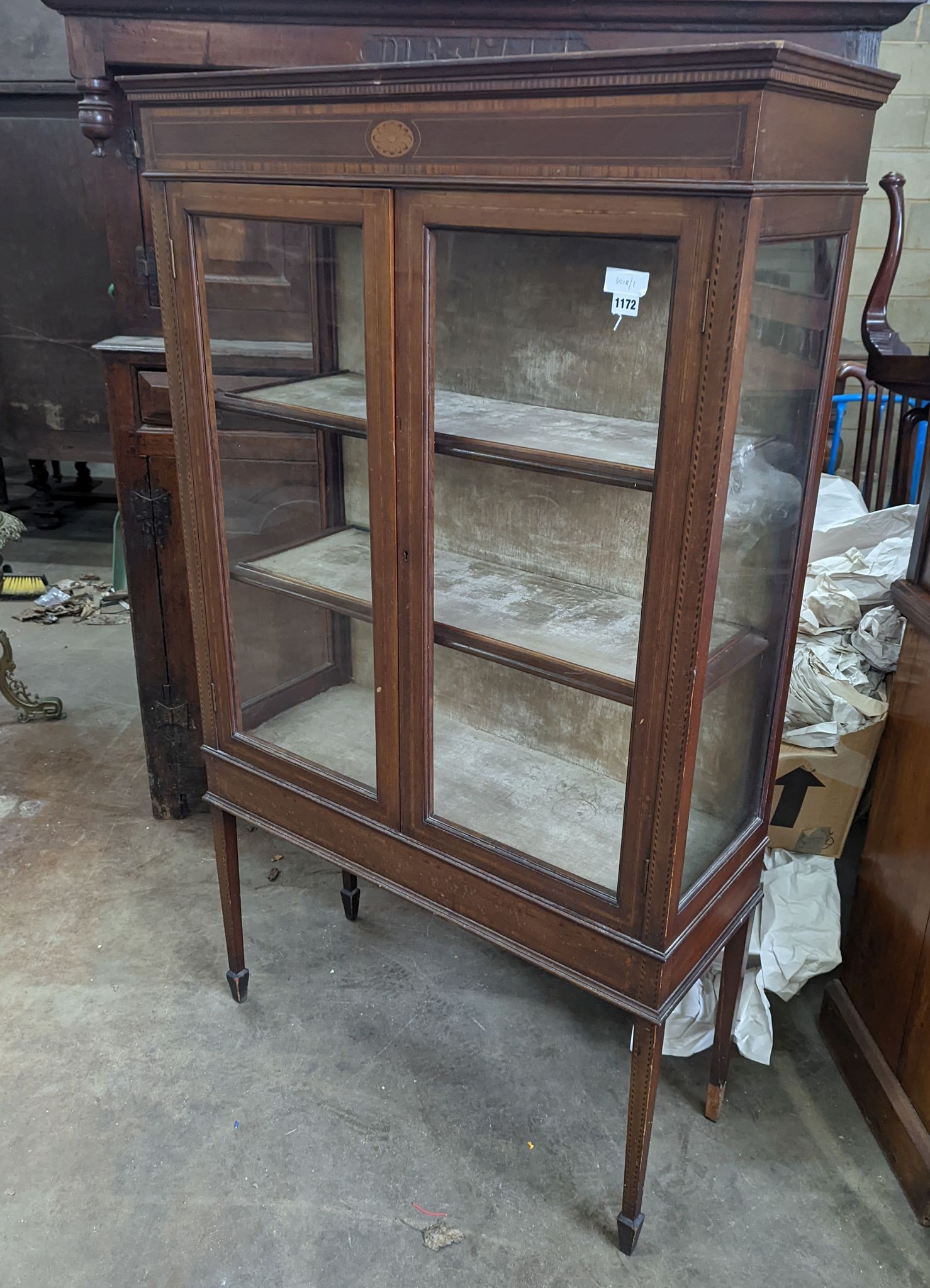 An Edwardian satinwood banded mahogany display cabinet, width 93cm, depth 36cm, height 160cm